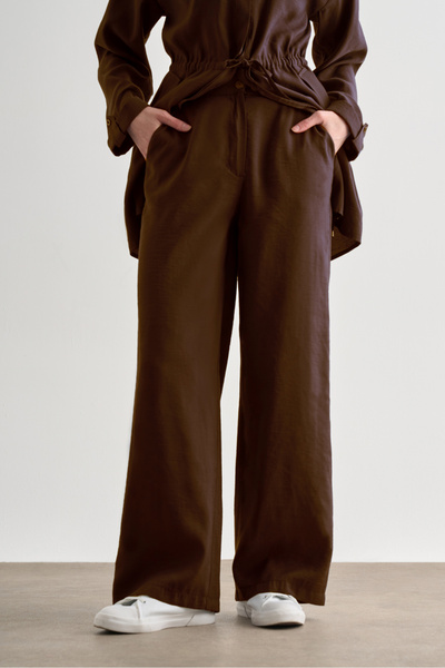 Mizalle Acı Kahve Mizalle Koyu Kahverengi Rahat Kesim Geniş Paçalı Modal Pant...