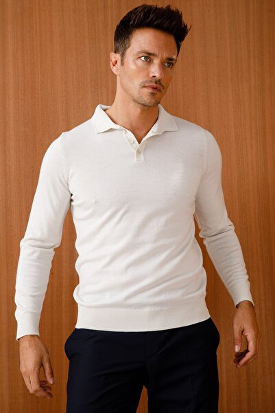 Desen Triko Чоловічий базовий поло з тонким трикотажним коміром, кістковий