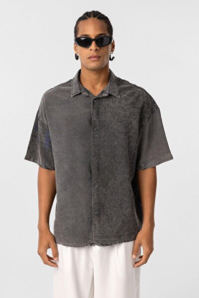 VAMOSCLO Yıkamalı Oversize Kısa Kol Tensel Gömlek Siyah