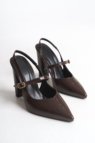 SEEM & BE Aurora Kadın Kalın Topuklu Sivri Burun Rugan Kahverengi Ayakkabı - 10 Cm