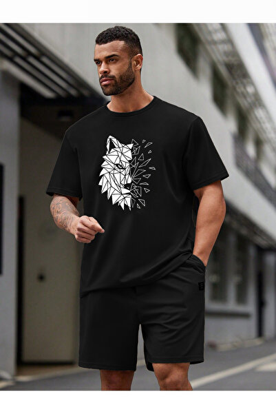 coolart Kurt Desen T-Shirt Şort - Siyah Alt Üst Takım Şort Tişört Kombin Bask...