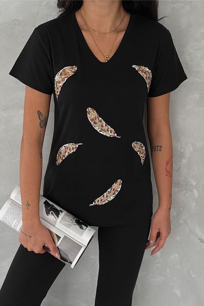 FEMELLE Tricou de damă, negru, cu decolteu în V, cu model de pene, brodat cu paiete, 100% bumbac