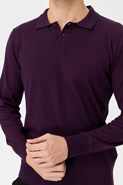 Desen Triko Erkek Basic Polo Yaka İnce Triko Kazak K.Mor