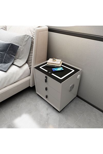 Danube Home Layla 3 Drawer NightStand W/Wireless USB Charger+Bluetooth Speaker+Finger Print Lock, Led Light-Grey