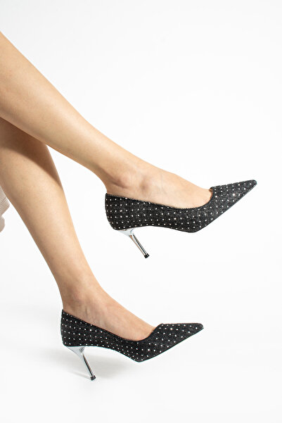 Güllü Shoes Kadın Siyah Kot Kumaş Taşlı İnce Topuklu Ayakkabı - Ofis, Günlük ...