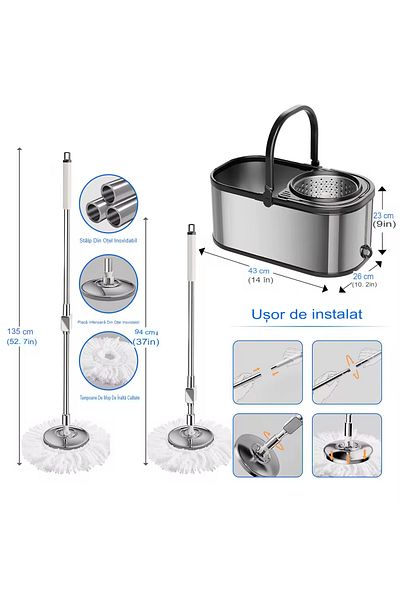 OEM Set Arvada MagicClean galeata mop cu centrifuga si rotatie 360 ​​de grade din inox inoxidabil