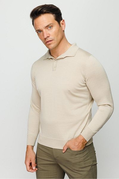 Desen Triko Ανδρικό Basic Polo Neck Slim Knitwear Πουλόβερ Μπεζ