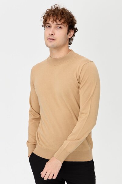 Desen Triko Men's Basic Half Fisherman Fine Knitwear Sweater Light Brown
