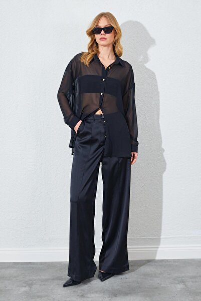 TENA Kadın Siyah Şifon Bluz Saten Pantolon Takım