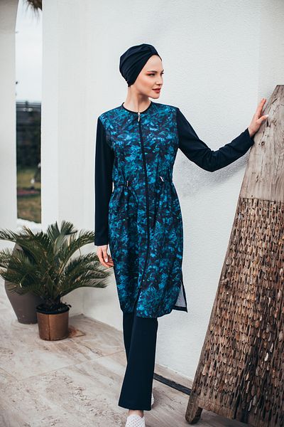 MASSMİZO Deep Blue Women's Long Scuba Fabric Patterned Zippered Full Covered Hijab Swimsuit Set of 3