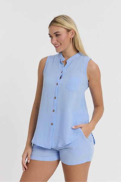 TCT TEKSTİL Cămașă fără mâneci cu guler HAKIM din muselină - cu nasturi complet - 1090