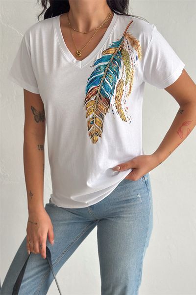 FEMELLE Women's White V-Neck Large Feather Pattern Sequin Embroidered 100% Cotton T-Shirt