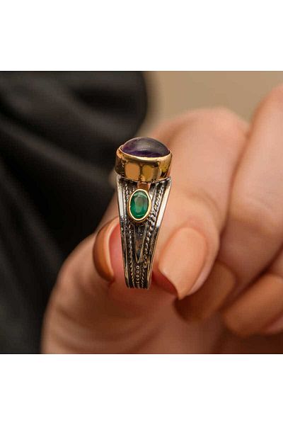 Skygo Silver Amethyst Gemstone Emerald Authentic Adjustable Women's Ring
