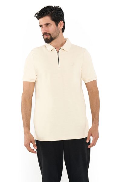 Nautica Men's Beige Short Sleeve Zip Polo Shirt, Stylish Lightweight Knit for Sophisticated Summer Style