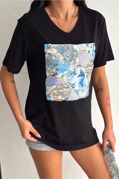 FEMELLE Tricou negru pentru femei, cu decolteu în V, cu paiete, brodat, 100% bumbac