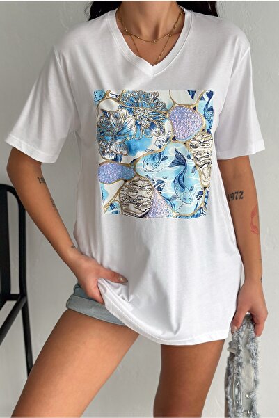 FEMELLE Women's White V-Neck Plus Size Sequin Sequin Embroidered 100% Cotton T-Shirt