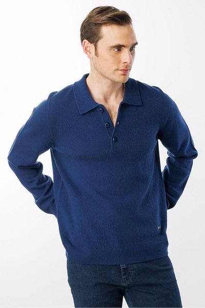 Desen Triko Ανδρικό πουλόβερ με γιακά Polo Basic Wool Indigo Color