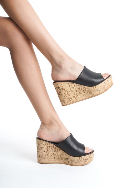 bolemo Black Women's Wedge Heel Slippers