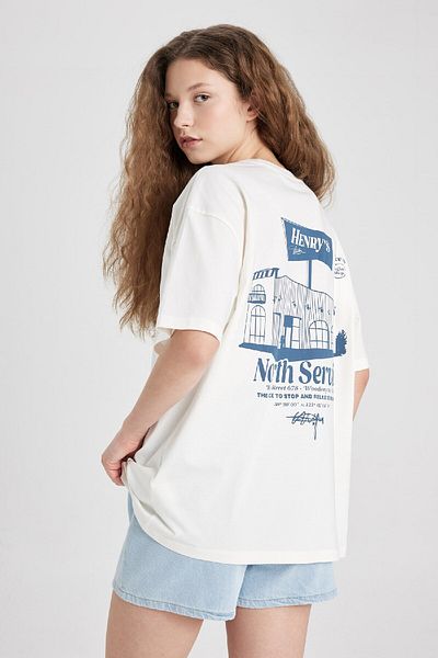 DeFacto Oversize Wide Fit Crew Neck Back Printed Short Sleeve T-Shirt C5959Ax24Sm