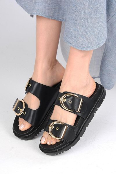 Mio Gusto Estella Black Color Double Buckle Women's Slippers