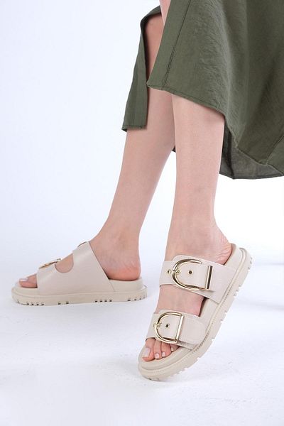Mio Gusto Estella Beige Color Double Buckle Women's Slippers