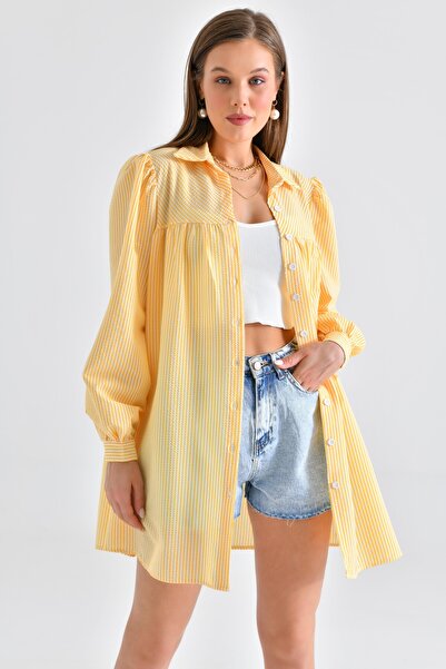 Saade Yellow Striped Wrapped Fabric with Bias Robe and Gather Detail