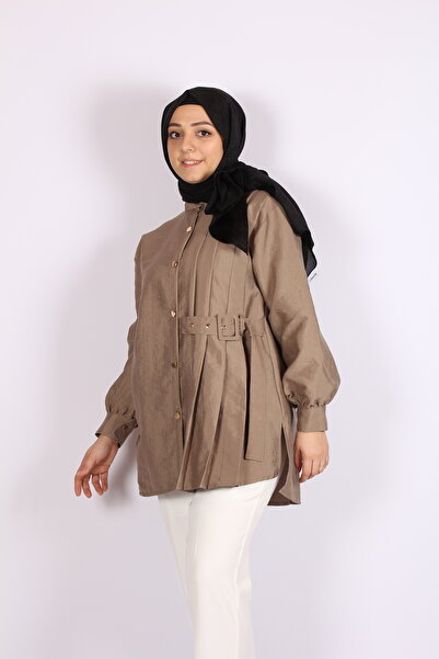 Genel Markalar Kemer Detaylı Pileli Vizon Kadın Gömlek