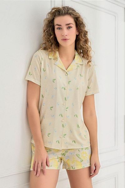 cotonhause Women's Short Sleeve Front Buttoned Lemon Pattern Shorts Yellow Pajama Set 70115-856