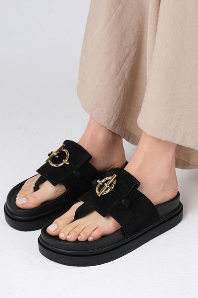 Mio Gusto Alison Genuine Suede Black Color Platform Sole Flip Flops Women's Slippers