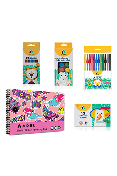 Adel 4’lü Set,Resim Defteri 25x35,Kuru Boya,Keçeli Kalem,Pastel Boya,Suluboya(Karma Renk Gönderilir)