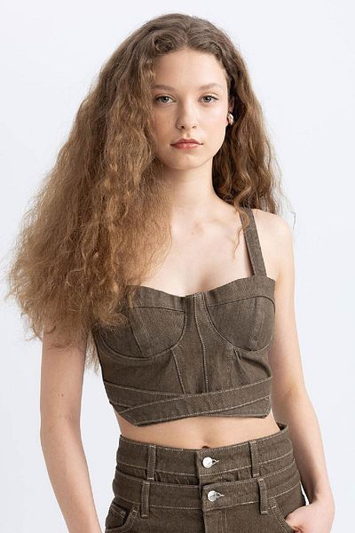 DeFacto Crop-Korsett-Jeansbluse mit dicken Trägern C5695ax24sp