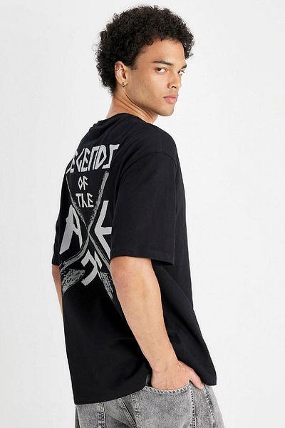 DeFacto 100% βαμβάκι Vikings Valhalla Boxy Fit Crew λαιμόκοψη με στάμπα κοντομάνικο μπλουζάκι C6518ax24au