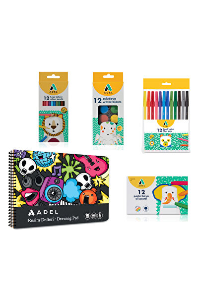 Adel 5’li Set,Resim Defteri 25x35,Kuru Boya,Keçeli Kalem,Pastel Boya,Suluboya(Karma Renk Gönderilir)