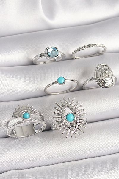 Clariss Brass Silver Color Blue Stone Square Zircon Stone Detailed Women's Ring Combination
