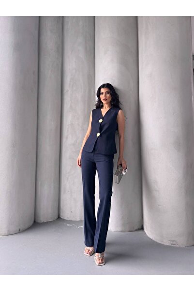 ZF BUTİK Women's Gold Buttoned Vest Pants Suit