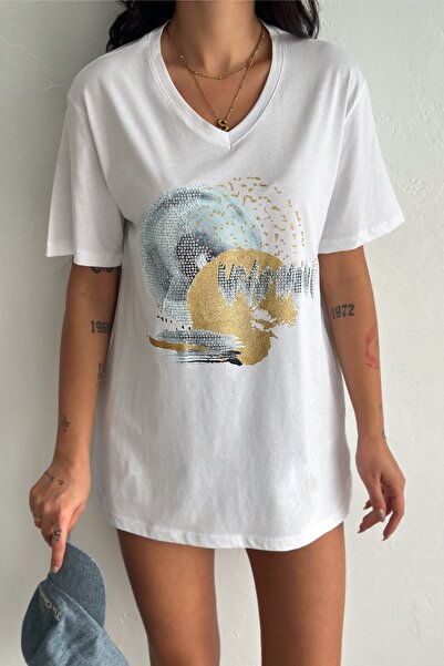 FEMELLE Women's White V-Neck Plus Size Sequin Sequin Embroidered 100% Cotton T-Shirt