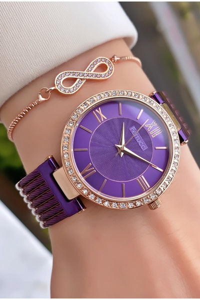 Ferrucci Marka Mor Renk Çelik Kordon 2 Yıl Garantili Kadın Kol Saati - Bileklik Hediyeli