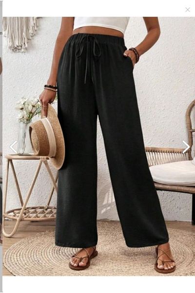 Derays Women's Black Wide Leg Waist Drawstring Trousers