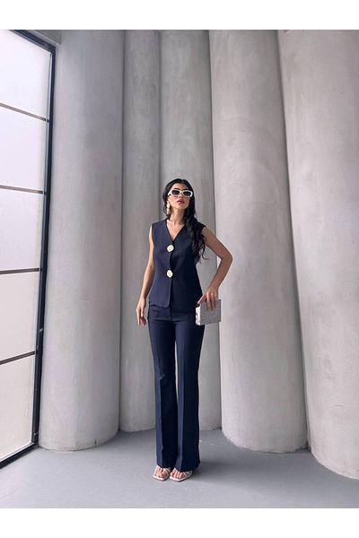 ZF BUTİK Women's Gold Buttoned Vest Pants Suit