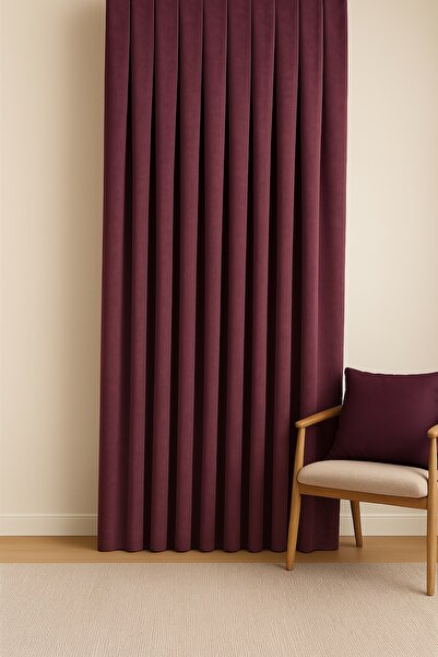Cortibo Barcelona Velvet Textured - Background Plum Curtain Without Pleat