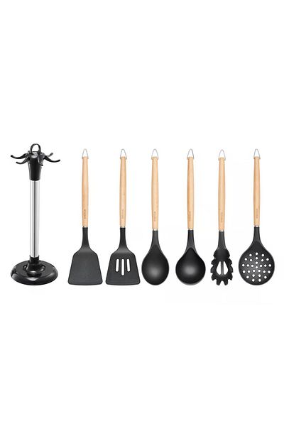Ambition Set ustensile bucatarie cu suport, 7 piese, Natural