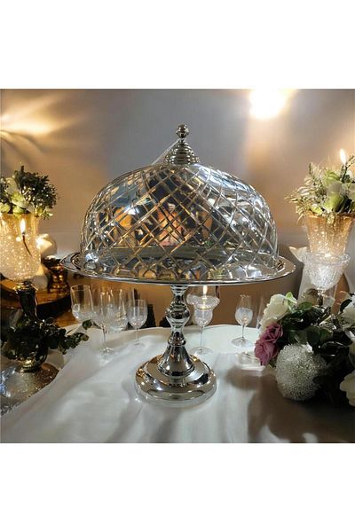 LAMEDORE Dc Oval Footed Cake Stand with Glass Cover Nickel 30,5X24,5X38 cm