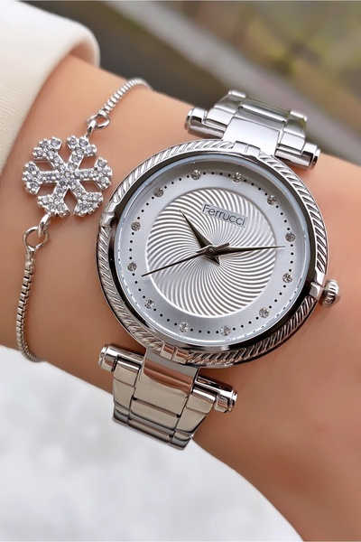 Ferrucci Marka Gümüş Renk Çelik Kordon 2 Yıl Garantili Kadın Kol Saati - Bileklik Hediyeli