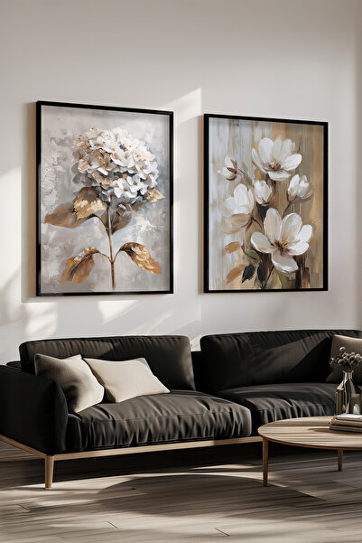 STARYUNA Yağlı boya efektli çiçekli altın renk dokunuşlu siyah ahşap çerçeveli 2'li tablo seti Yuna161