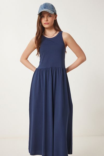 Lovelyİstanbul Rochie de bază tricotată de vară cu decolteu Halter ALBASTRU ÎNCHIS LCR0053