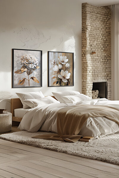 STARYUNA Yağlı boya efektli çiçekli altın renk dokunuşlu siyah ahşap çerçeveli 2'li tablo seti Yuna161