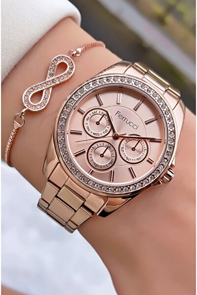 Ferrucci Marka Rose Gold Renk Büyük Kasa 2 Yıl Garantili Taşlı Kadın Kol Saat...