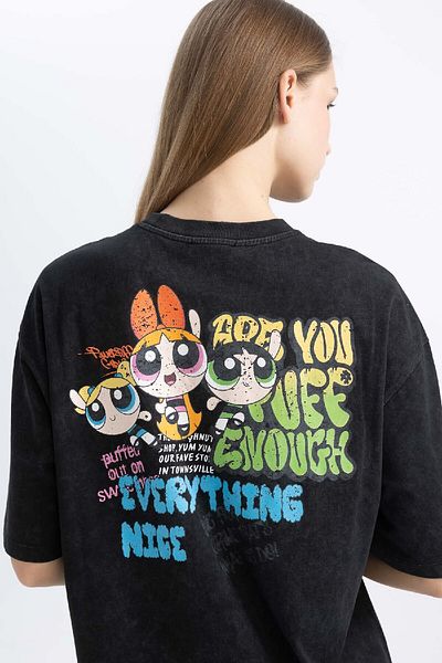 DeFacto Cool Powerpuff Girls Oversize Wide Fit Crew Neck Χτενισμένο Βαμβακερό Μίνι Μπλουζάκι Φόρεμα C3504ax24sm