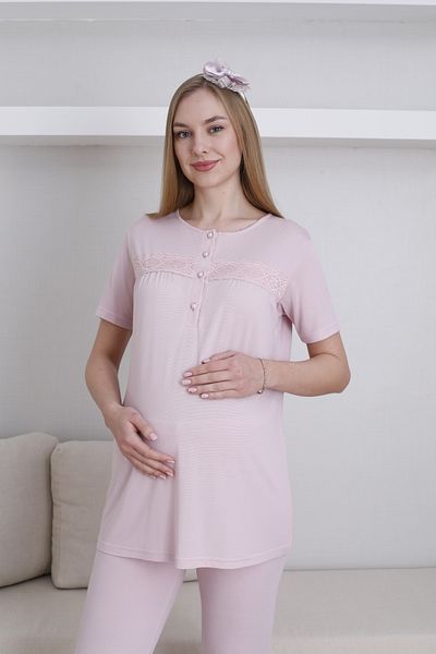 LOHOUSE Women's Powder Plain Design Maternity Pregnant Dressing Gown 3-Piece Pajama Set