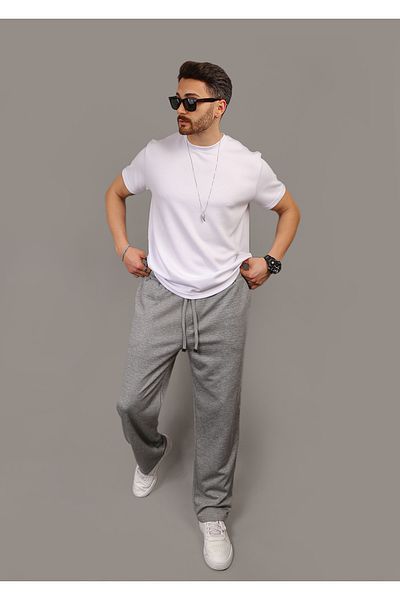 INFLUYENTE Men's Gray Baggy Cut Pique Fabric Waist Elastic Pocket Detailed Trousers Sweatpants